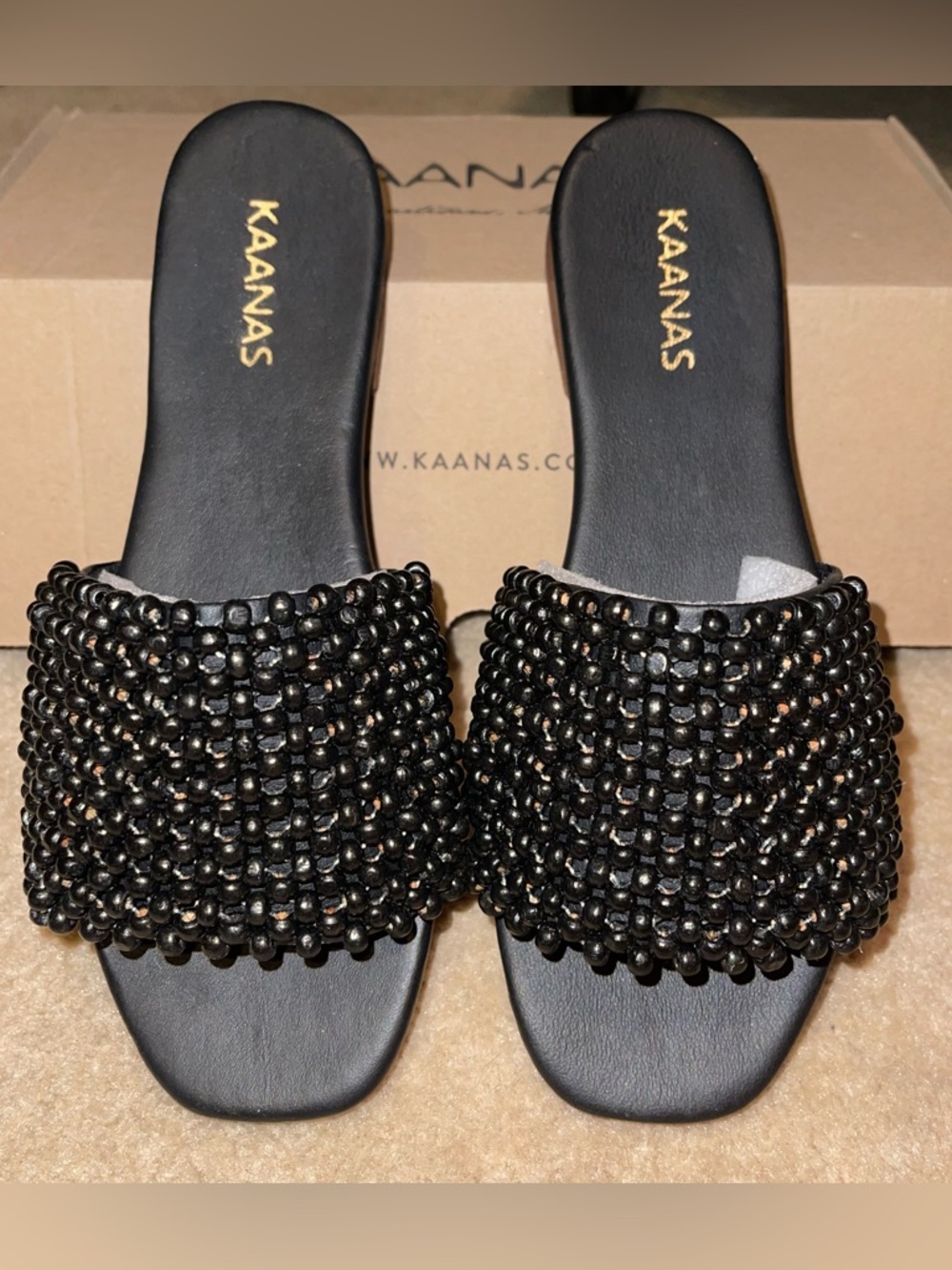 Kaanas Black Beaded Slide Mules